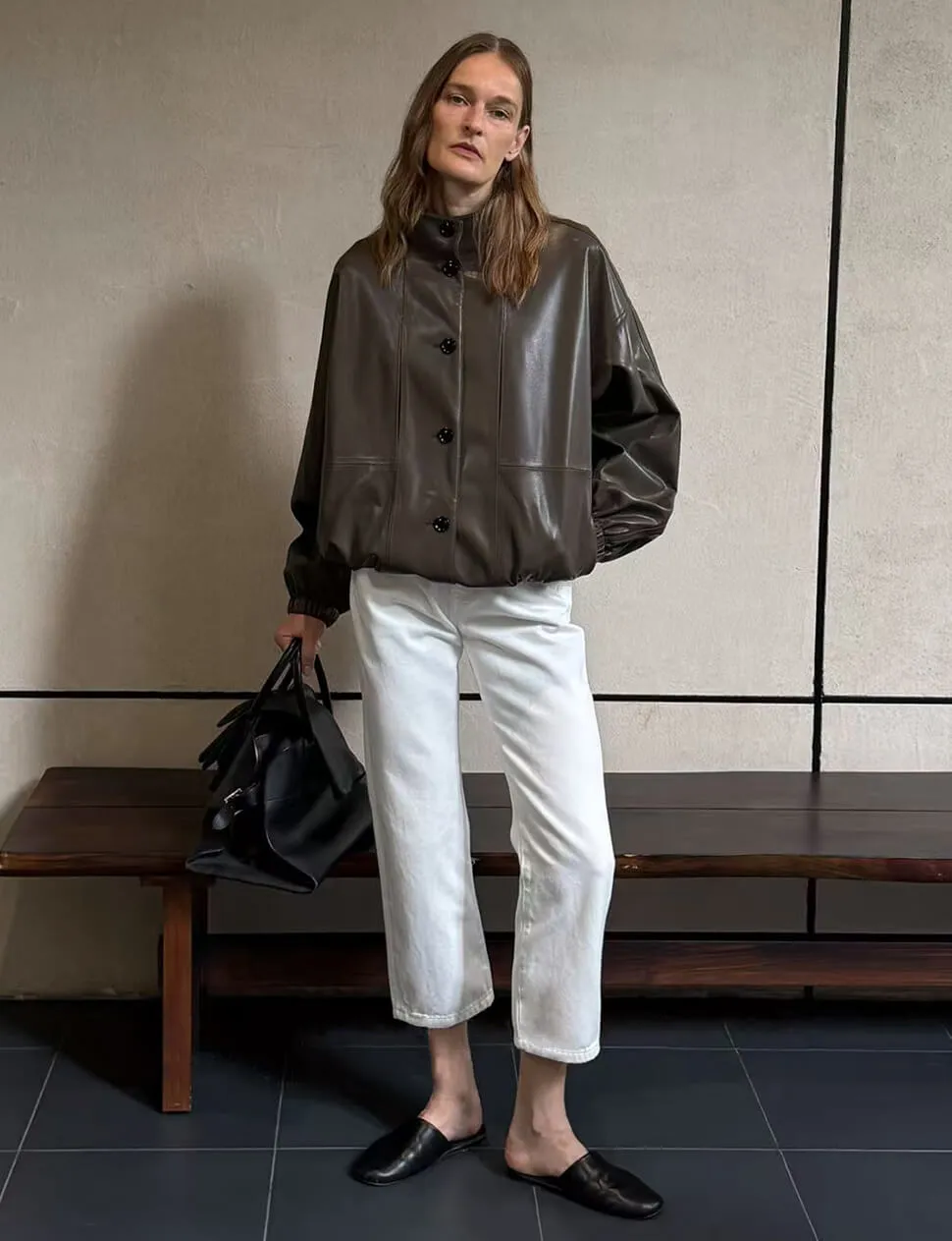 Brown Funnel Neck Leather Bomber Jacket-PREORDER sold by Pixie Market