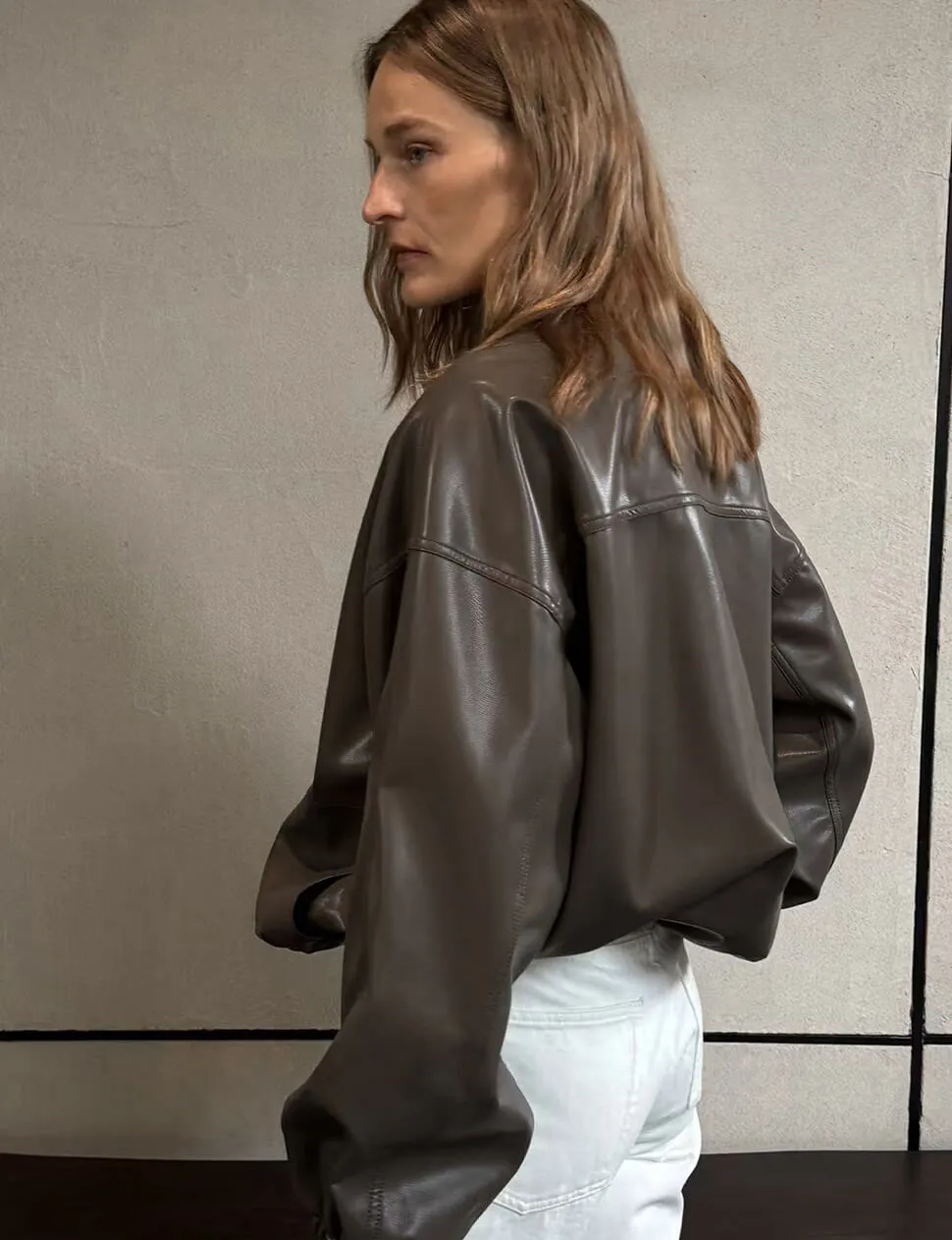 Brown Funnel Neck Leather Bomber Jacket-PREORDER sold by Pixie Market product image thumbnail 2