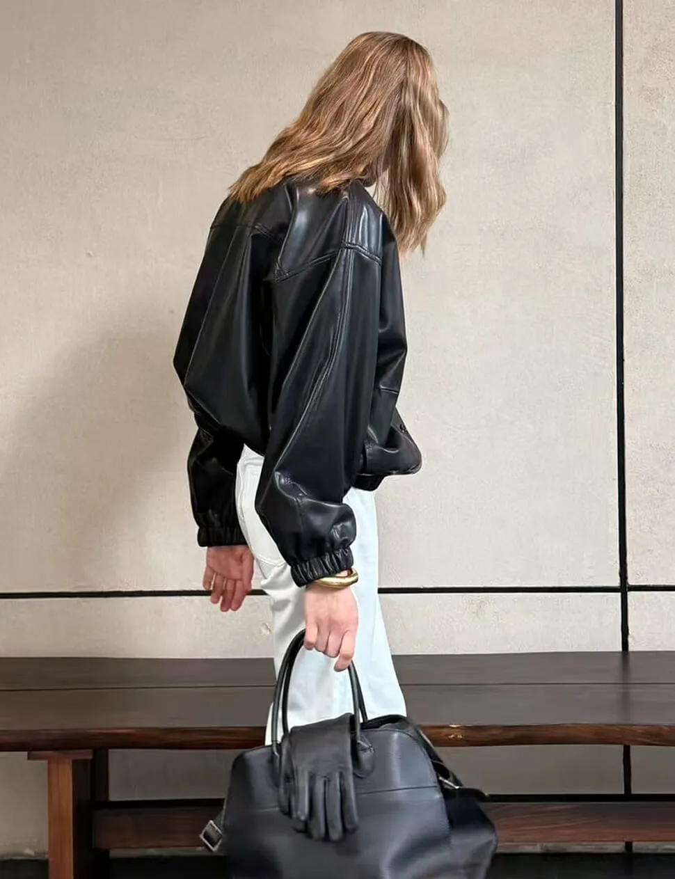 Black Funnel Neck Leather Bomber Jacket-PREORDER sold by Pixie Market product image thumbnail 2