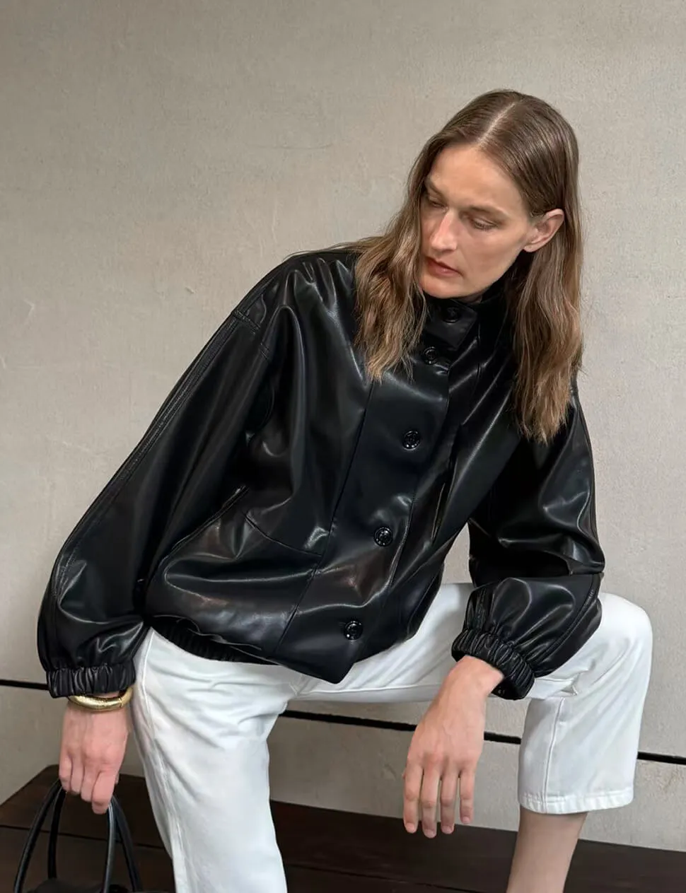 Black Funnel Neck Leather Bomber Jacket-PREORDER sold by Pixie Market