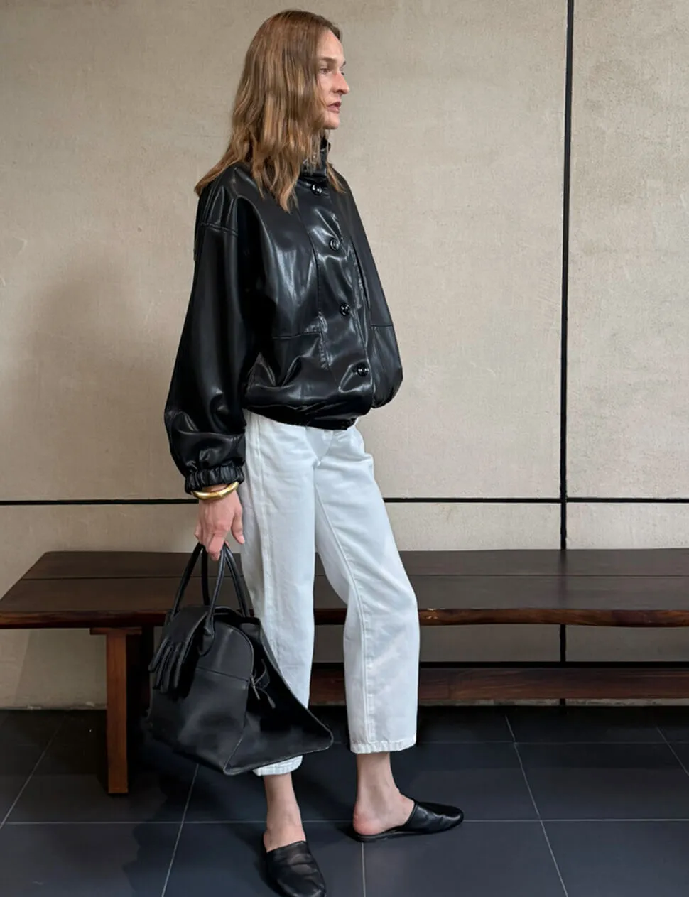 Black Funnel Neck Leather Bomber Jacket-PREORDER sold by Pixie Market product image thumbnail 3