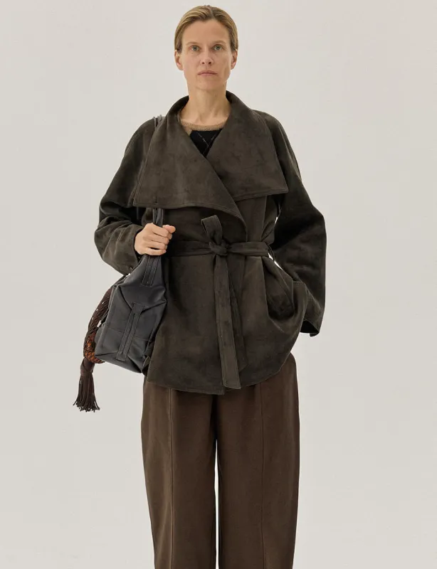 Brown Suede Belted Jacket-PREORDER sold by Pixie Market