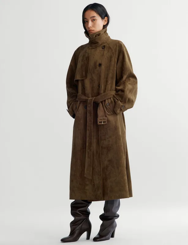 Khaki Brown Suede Trench Coat -PREORDER sold by Pixie Market