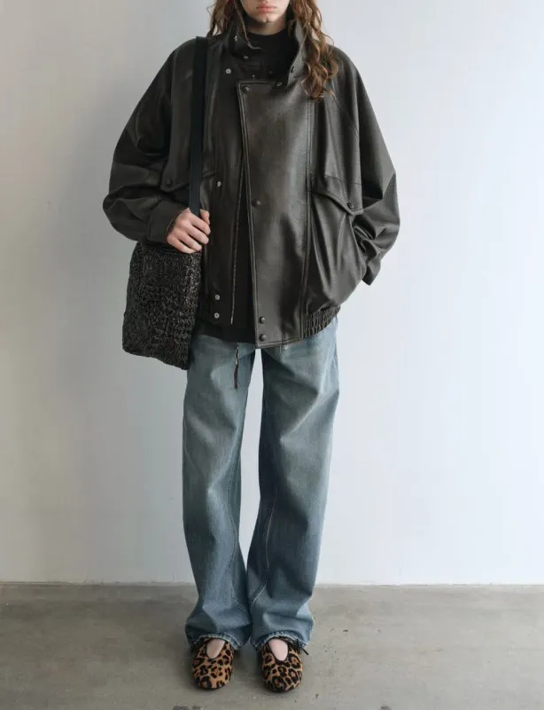 Brown Funnel Neck Leather Jacket-PREORDER sold by Pixie Market