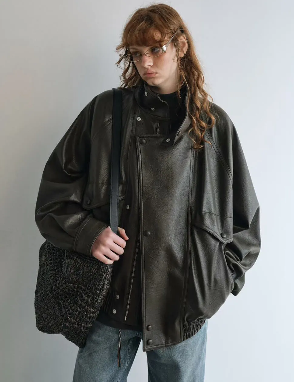 Brown Funnel Neck Leather Jacket-PREORDER sold by Pixie Market product image thumbnail 4