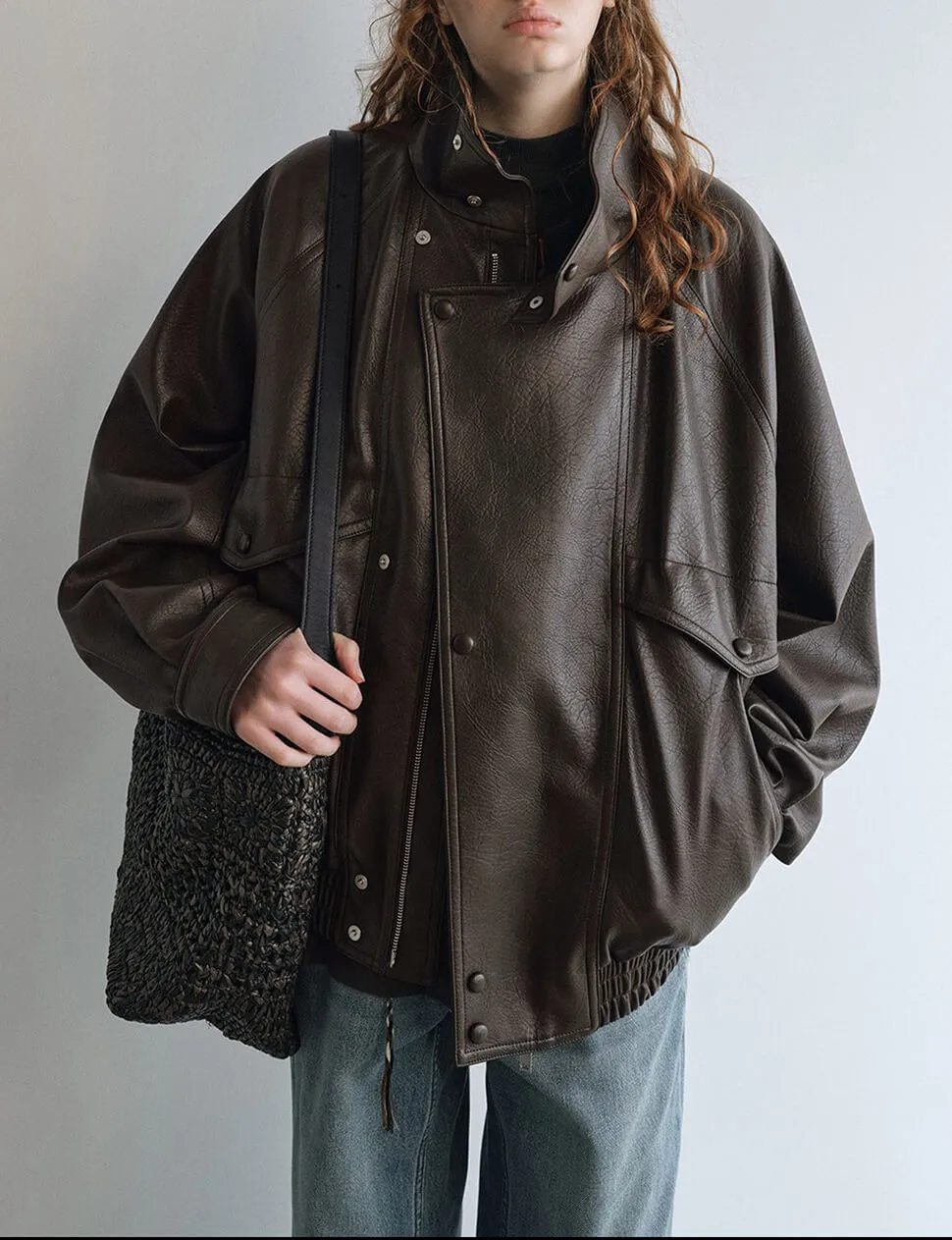 Brown Funnel Neck Leather Jacket-PREORDER sold by Pixie Market product image thumbnail 3