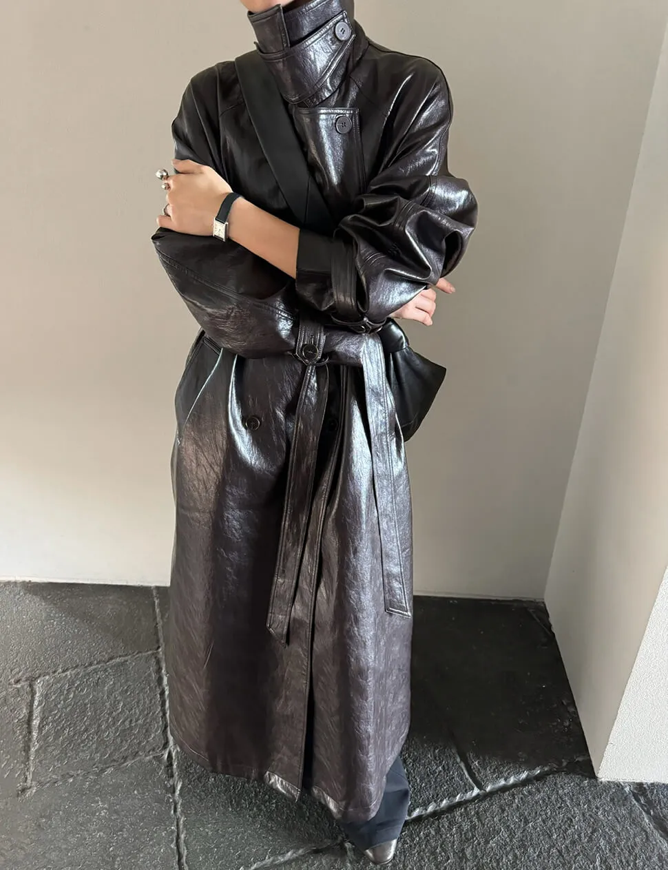 Oversized Leather Funnel-Neck Coat sold by Pixie Market product image thumbnail 2
