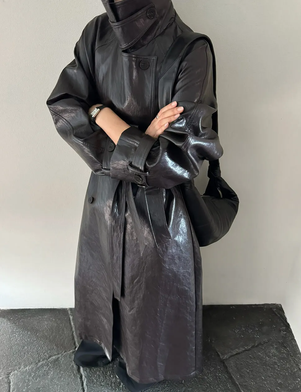 Oversized Leather Funnel-Neck Coat sold by Pixie Market product image thumbnail 5