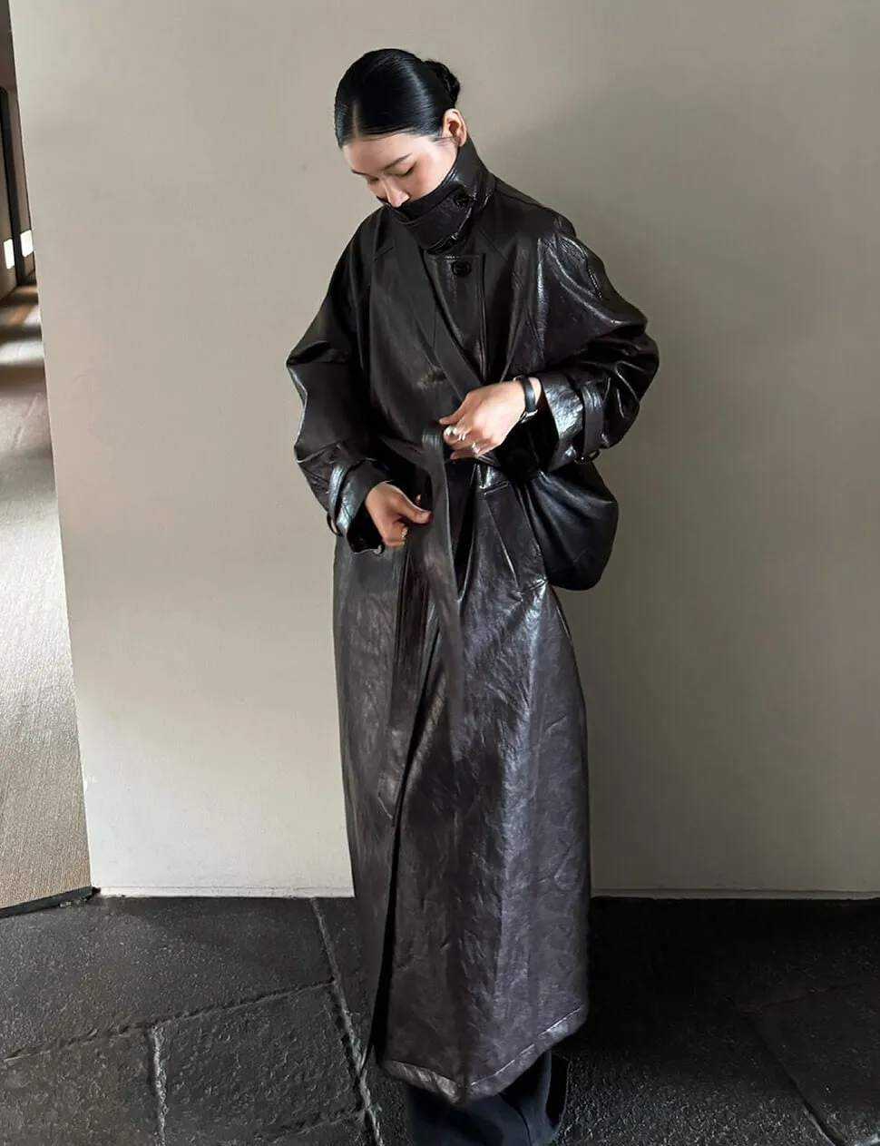 Oversized Leather Funnel-Neck Coat sold by Pixie Market product image thumbnail 4
