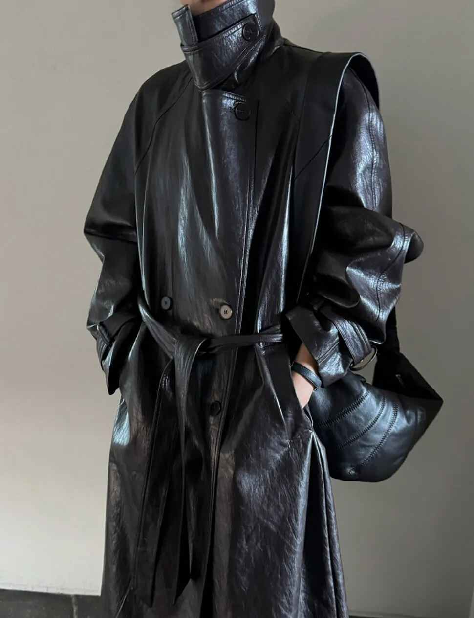 Oversized Leather Funnel-Neck Coat sold by Pixie Market