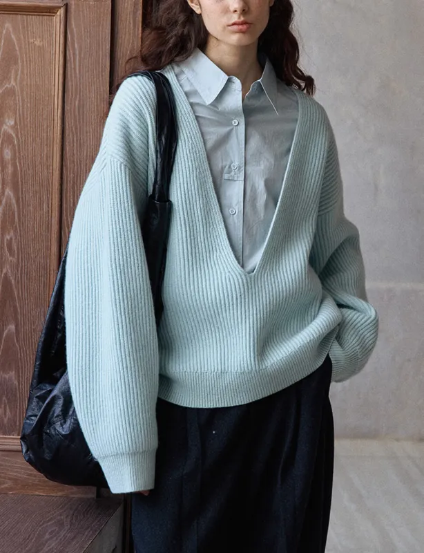 Powder Blue Deep-V-Neck Sweater -PREORDER sold by Pixie Market