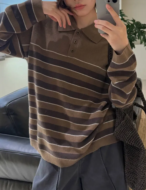 Brown Stripe Polo Collar Sweater sold by Pixie Market