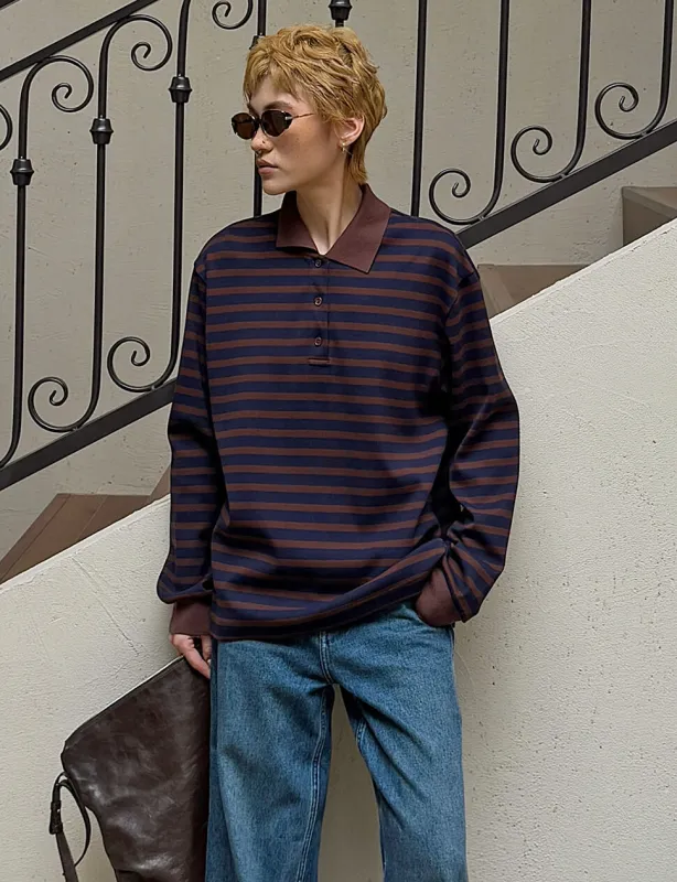 Brown and Navy Striped Knit Polo sold by Pixie Market