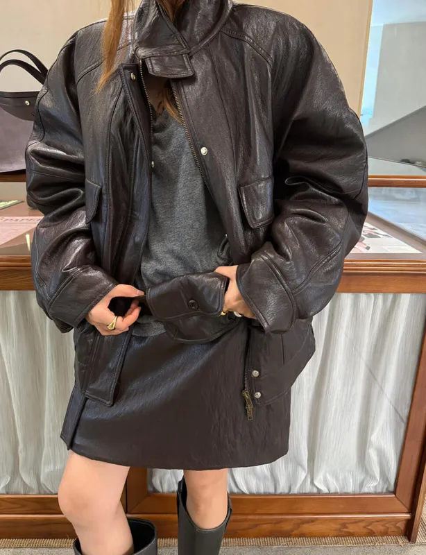 Brown High-Neck Leather Jacket sold by Pixie Market