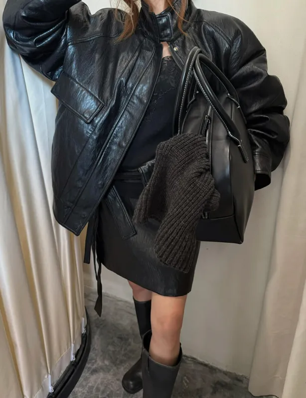 Black High-Neck Leather Jacket sold by Pixie Market