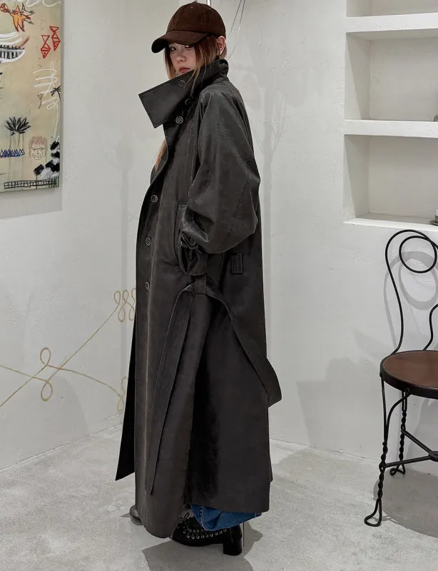 Charcoal Distressed Leather Trench made by Pixie Market