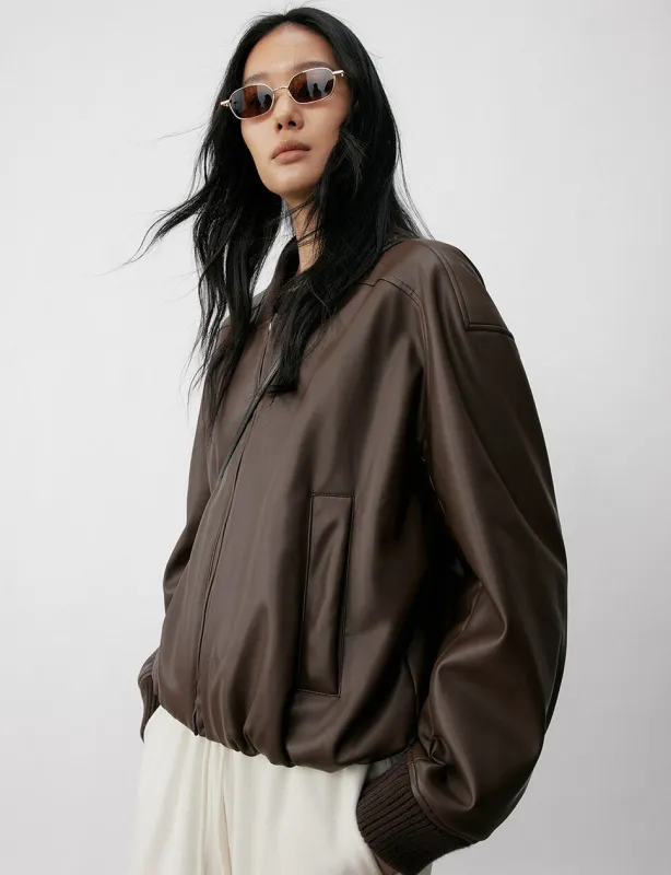 Brown Leather Bomber Jacket-PREORDER sold by Pixie Market