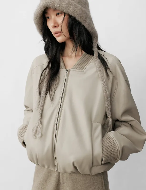 Beige Leather Bomber Jacket-PREORDER sold by Pixie Market