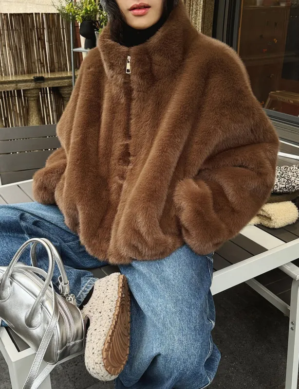 Brown Fur Bomber Jacket-PREORDER sold by Pixie Market