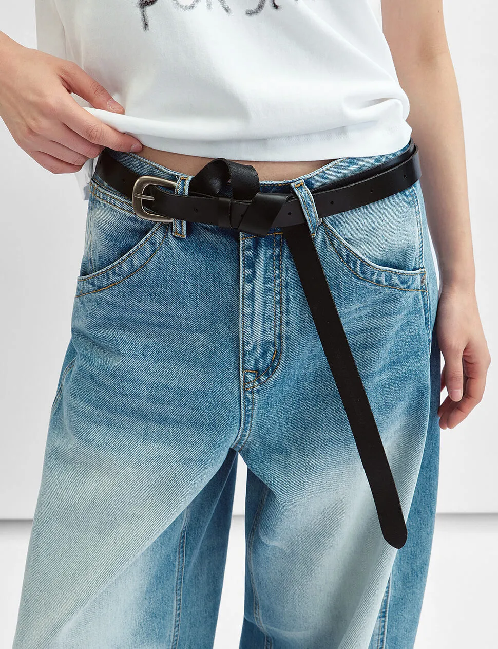 Black Long Leather Belt with Silver Buckle sold by Pixie Market