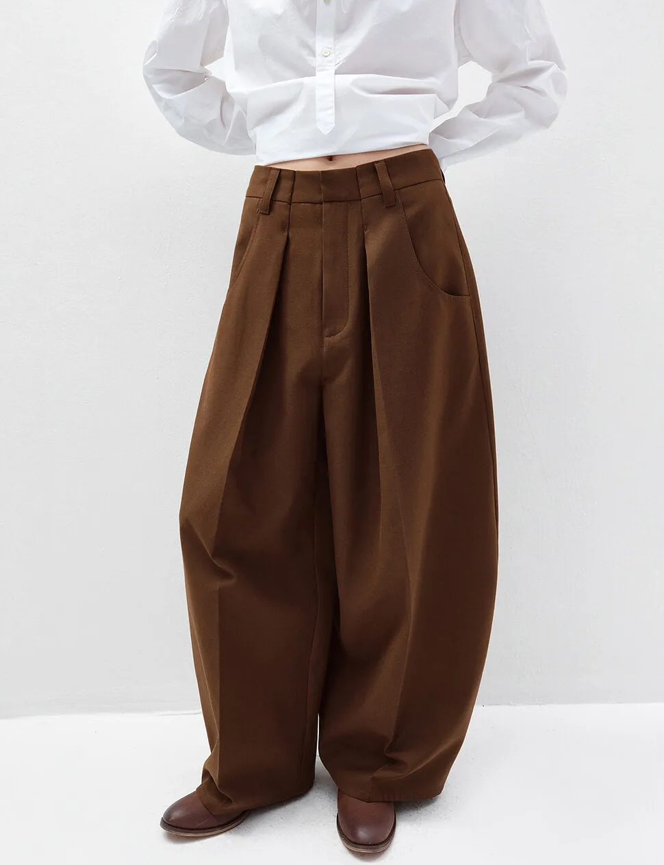 Brown High Waist Barrel Leg Pants-PREORDER sold by Pixie Market