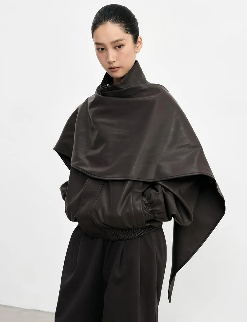 Brown Leather Scarf Bomber jacket-BESTSELLER sold by Pixie Market