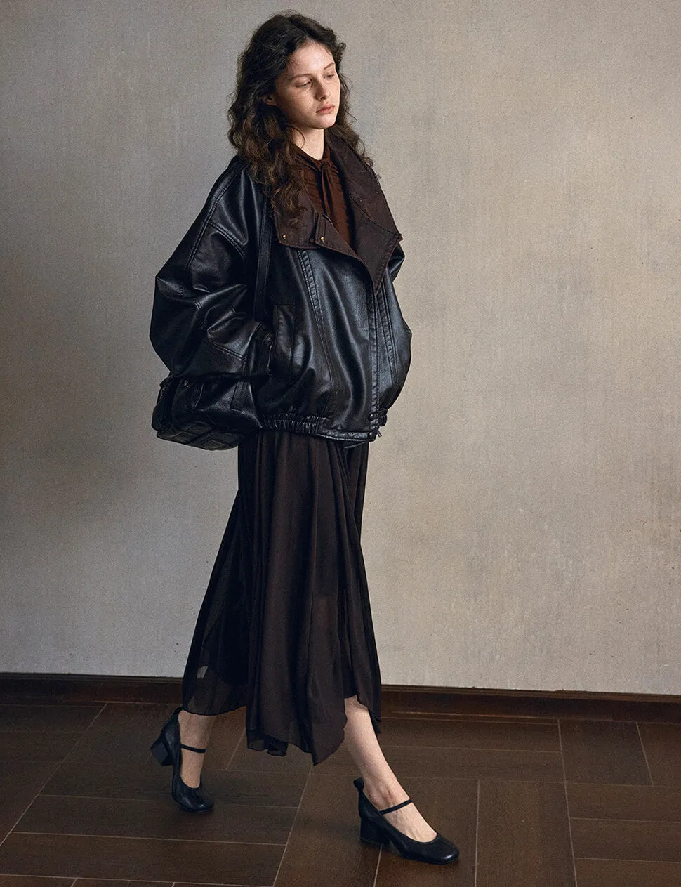 Black Leather Brown Funnel Neck Bomber Jacket-PREORDER sold by Pixie Market product image thumbnail 5