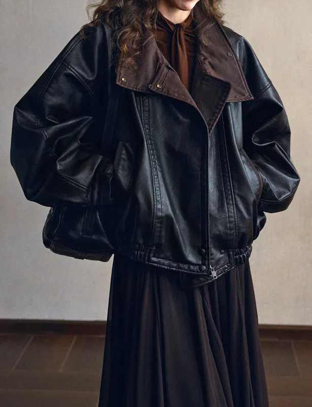 Black Leather Brown Funnel Neck Bomber Jacket-PREORDER sold by Pixie Market