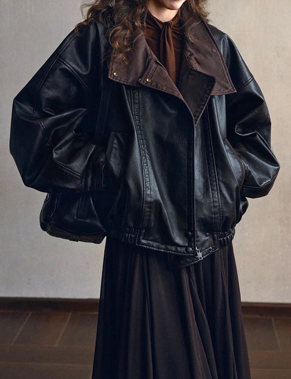 Black Leather Brown Funnel Neck Bomber Jacket-PREORDER sold by Pixie Market