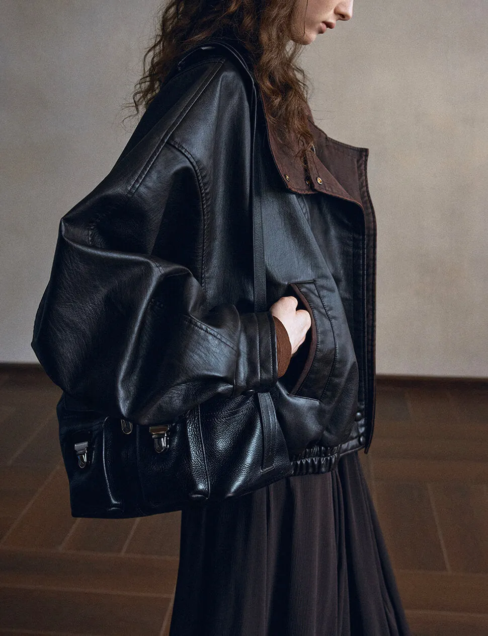 Black Leather Brown Funnel Neck Bomber Jacket-PREORDER sold by Pixie Market product image thumbnail 2