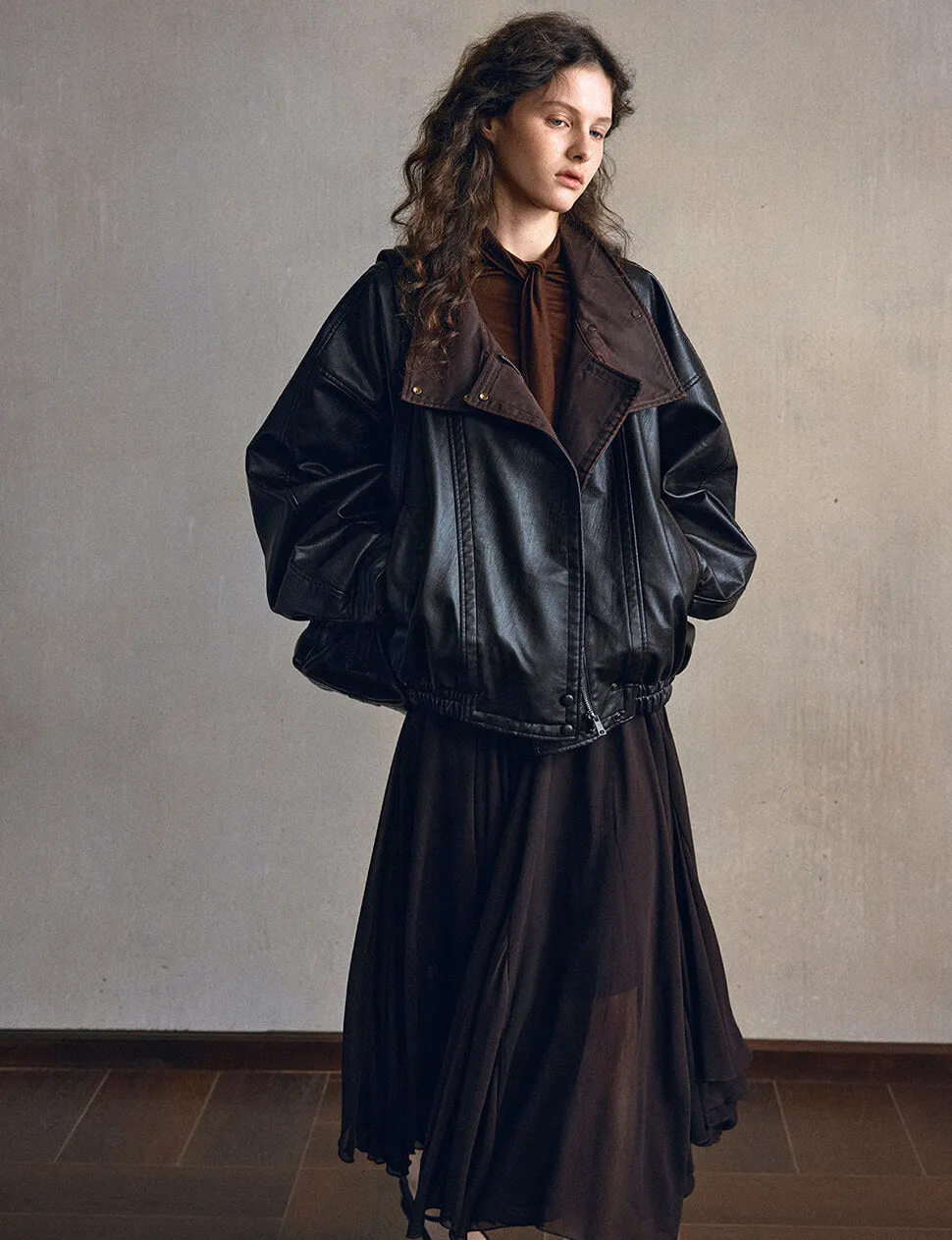 Black Leather Brown Funnel Neck Bomber Jacket-PREORDER sold by Pixie Market product image thumbnail 4