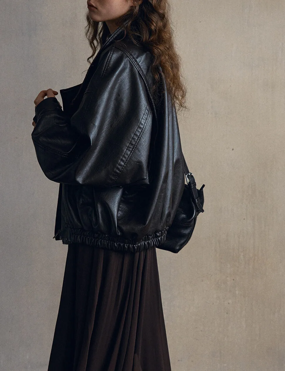 Black Leather Brown Funnel Neck Bomber Jacket-PREORDER sold by Pixie Market product image thumbnail 3