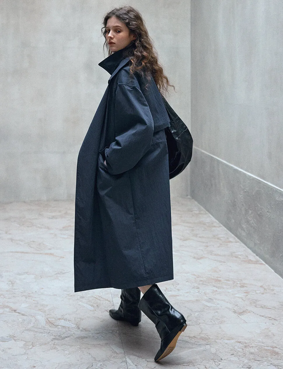 Navy Funnel Neck Zip Trench Coat-PREORDER sold by Pixie Market