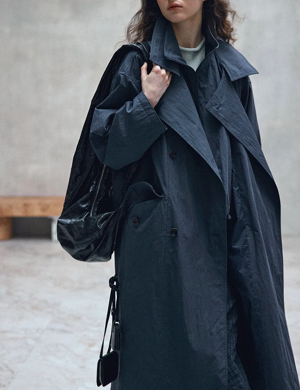 Navy Funnel Neck Zip Trench Coat-PREORDER sold by Pixie Market product image thumbnail 4