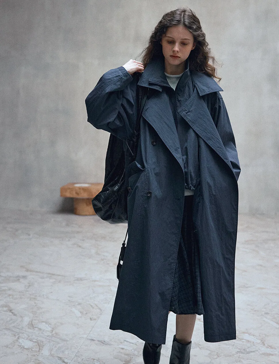 Navy Funnel Neck Zip Trench Coat-PREORDER sold by Pixie Market product image thumbnail 3
