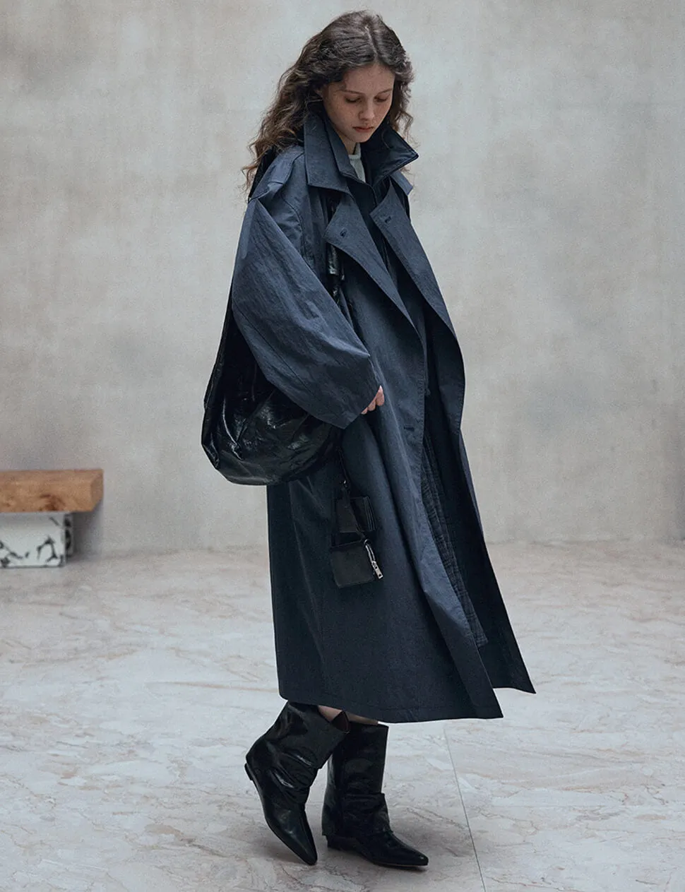 Navy Funnel Neck Zip Trench Coat-PREORDER sold by Pixie Market product image thumbnail 5