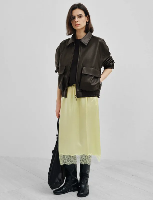 Dark-Brown Cargo Pocket Cropped Leather Bomber Jacket-PREORDER sold by Pixie Market