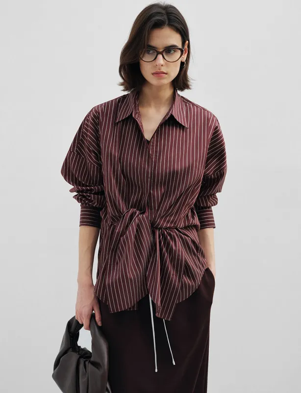 Burgundy Striped Tie Waist Oversized Shirt made by Pixie Market