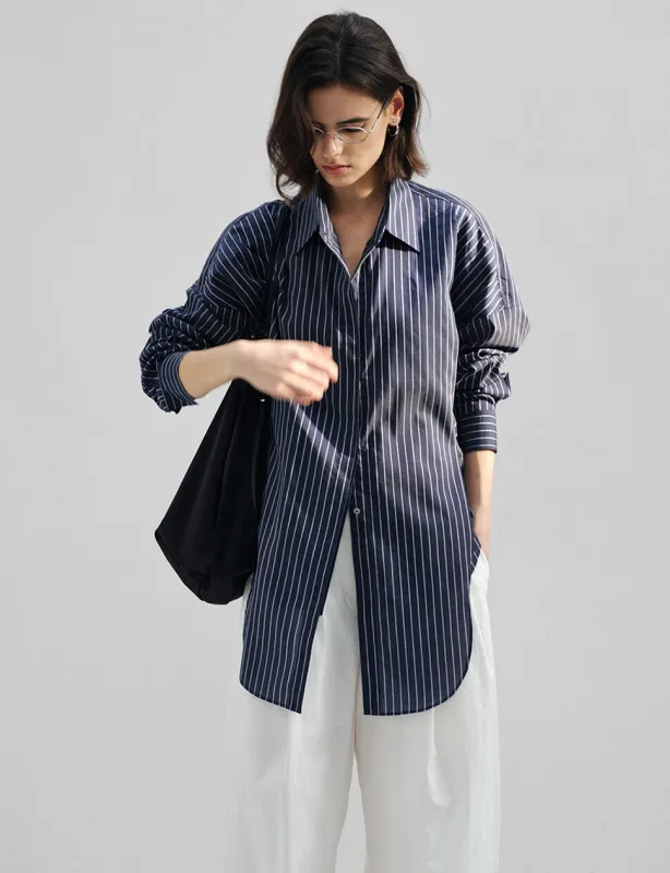 Navy Striped Tie Waist Oversized Shirt-PREORDER made by Pixie Market