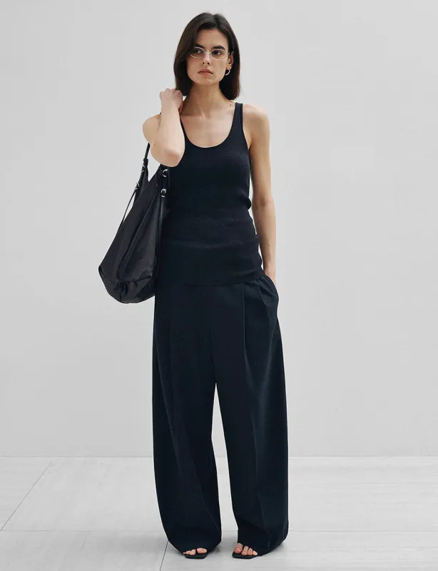 Pleated Wide Leg Pants - Dark Navy made by Pixie Market