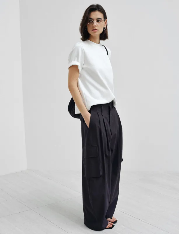 Dark-Navy Pleated Wide Leg Cargo Pants made by Pixie Market