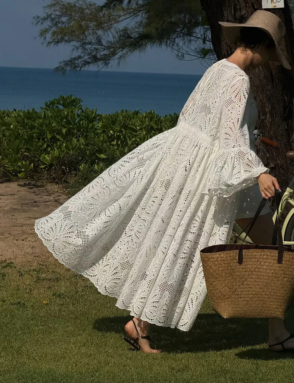 The White Eyelet Flare Sleeve Cover-Up Dress-PREORDER sold by Pixie Market