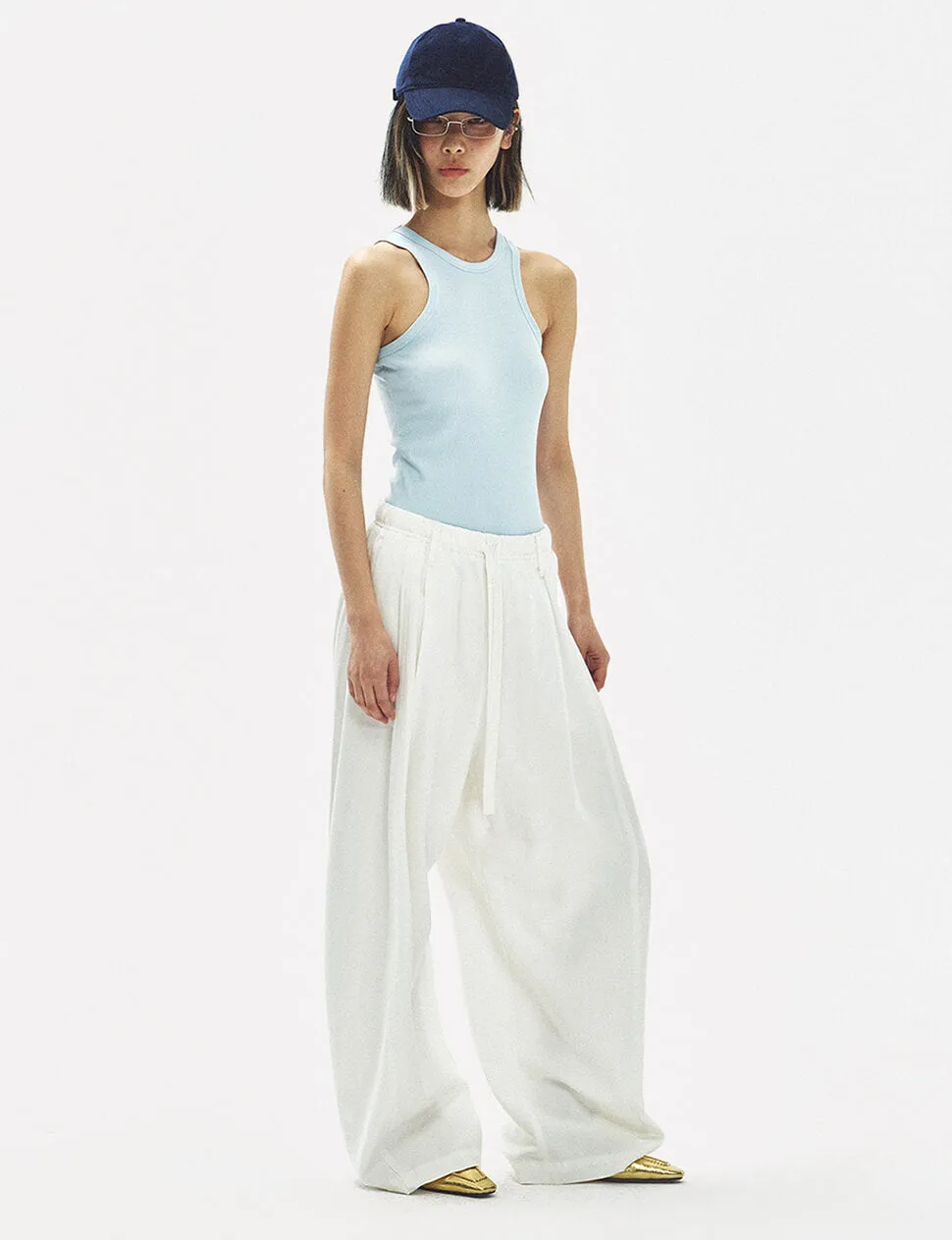 Wide-Leg Drawstring Trousers in White-PREORDER sold by Pixie Market