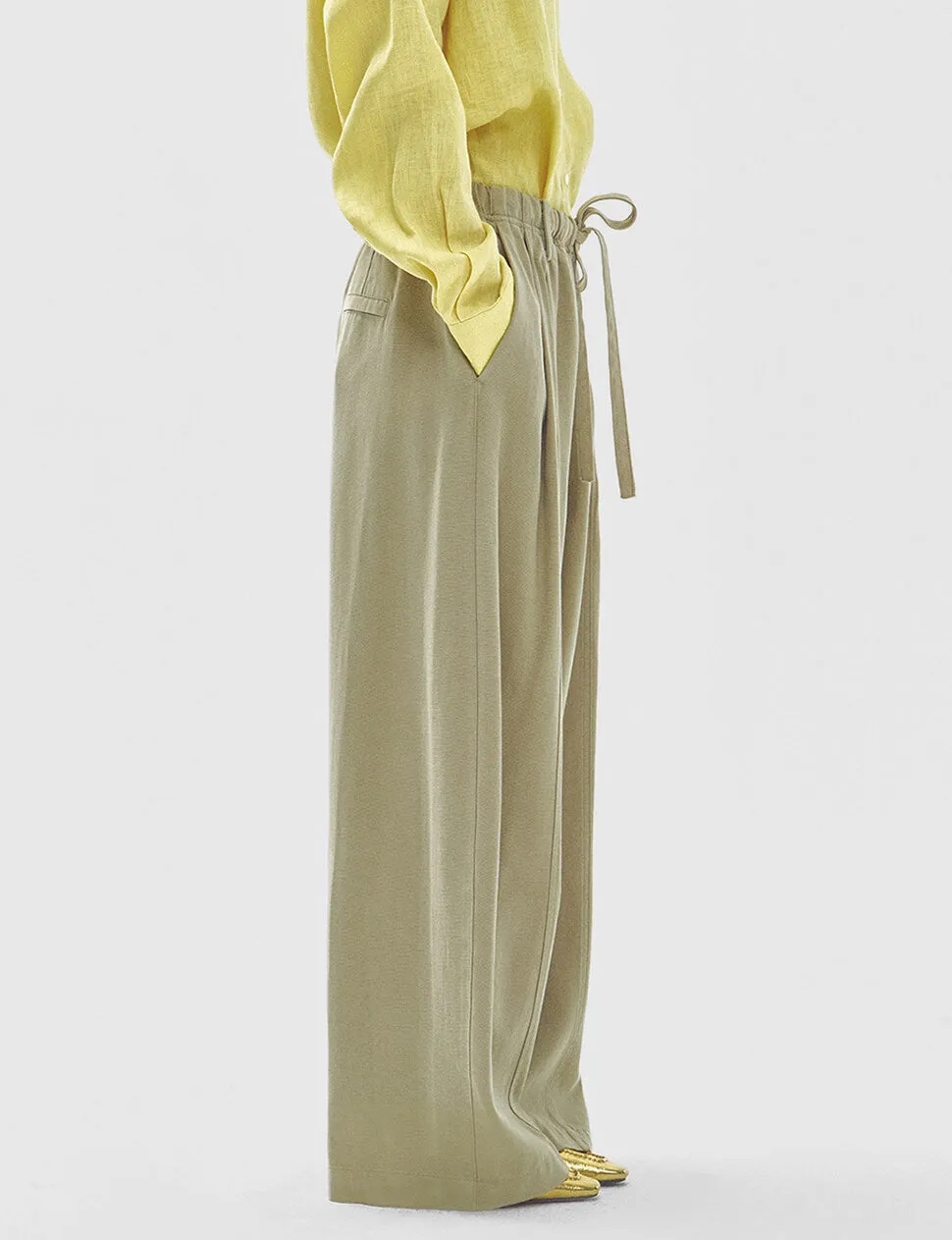 Wide-Leg Drawstring Trousers in Khaki sold by Pixie Market product image thumbnail 4