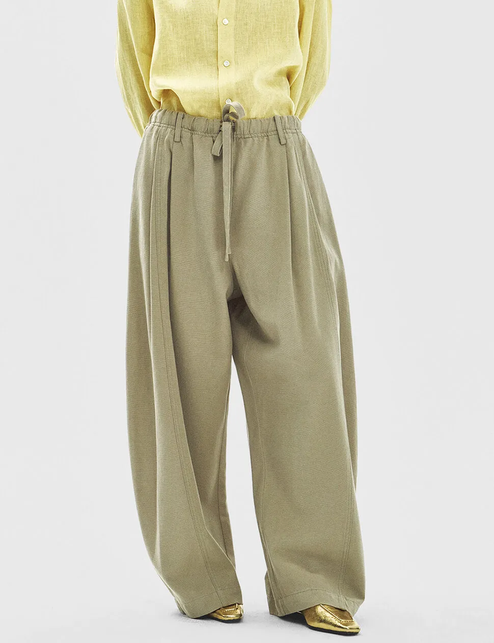 Wide-Leg Drawstring Trousers in Khaki sold by Pixie Market product image thumbnail 2