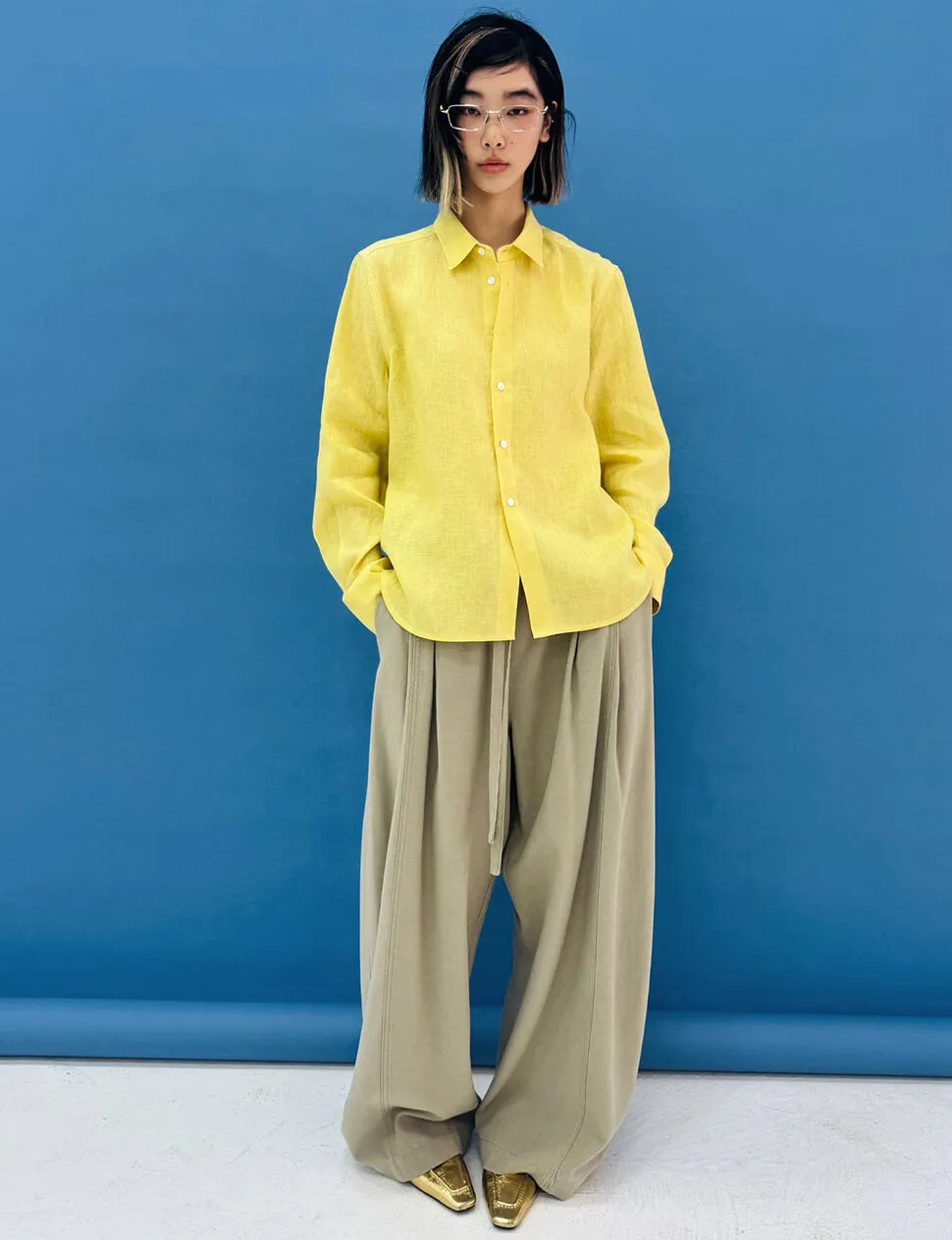 Wide-Leg Drawstring Trousers in Khaki sold by Pixie Market product image thumbnail 3