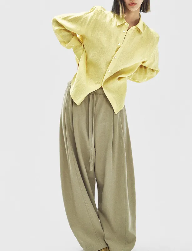 Wide-Leg Drawstring Trousers in Khaki made by Pixie Market
