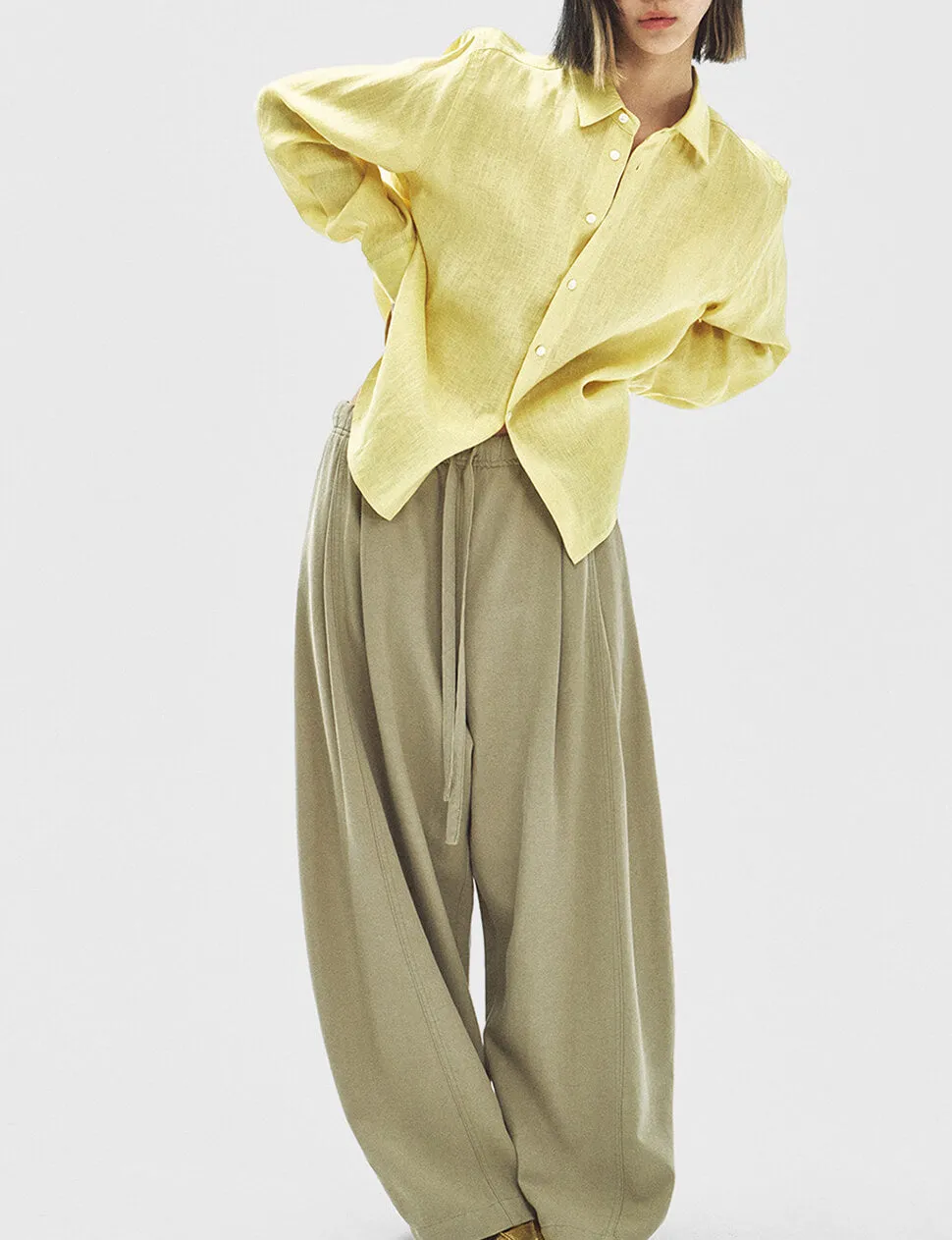 Wide-Leg Drawstring Trousers in Khaki sold by Pixie Market