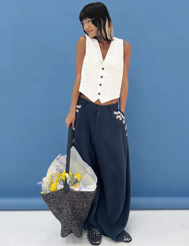 Embroidered Wide-Leg Trousers in Navy-PREORDER made by Pixie Market