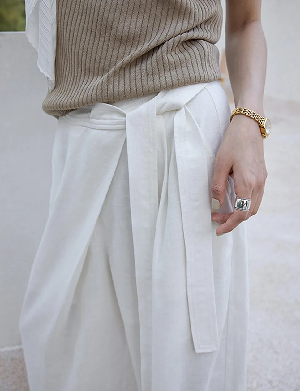 Wrap-Front Wide-Leg Trouser in White sold by Pixie Market product image thumbnail 4